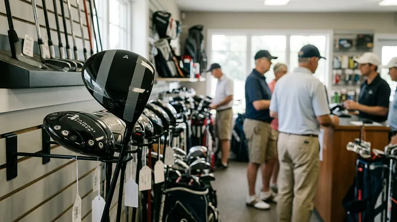 Drivers on a pro-shop wall, with the Fairway Finder in front