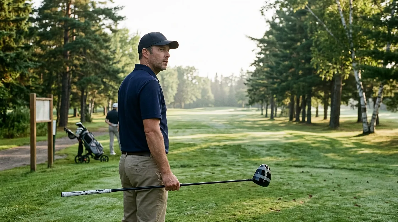 A newer golfer on the first tee holding the Fairway Finder driver