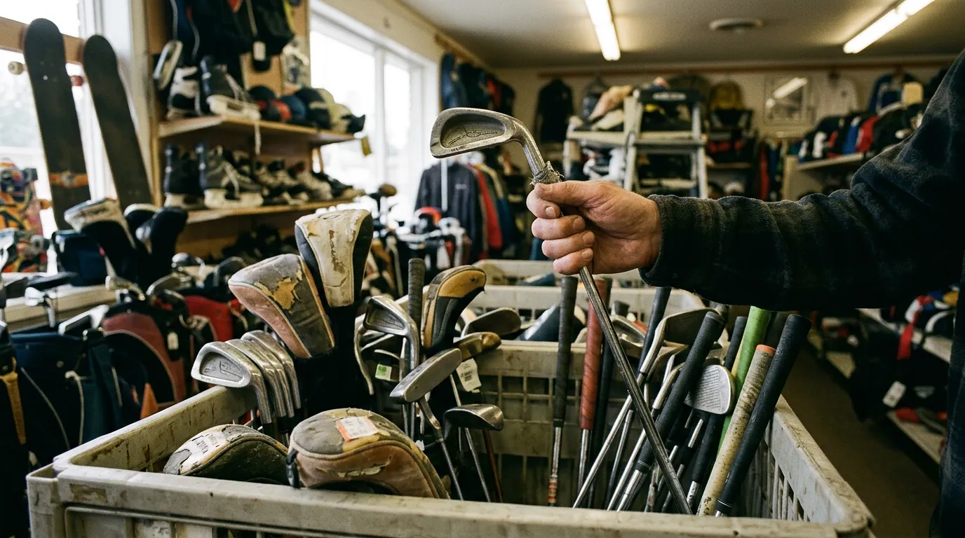 A golfer inspecting used clubs in a second-hand store bin