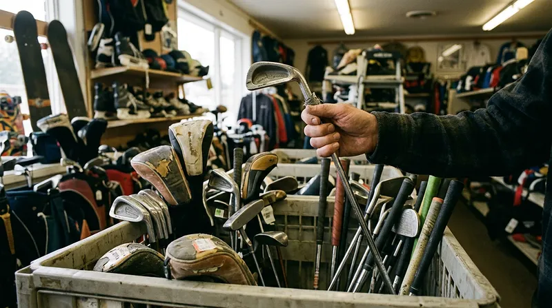 A golfer inspecting used clubs in a second-hand store bin