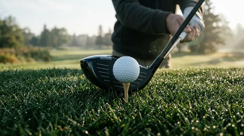 Close-up of the driver face behind a teed ball