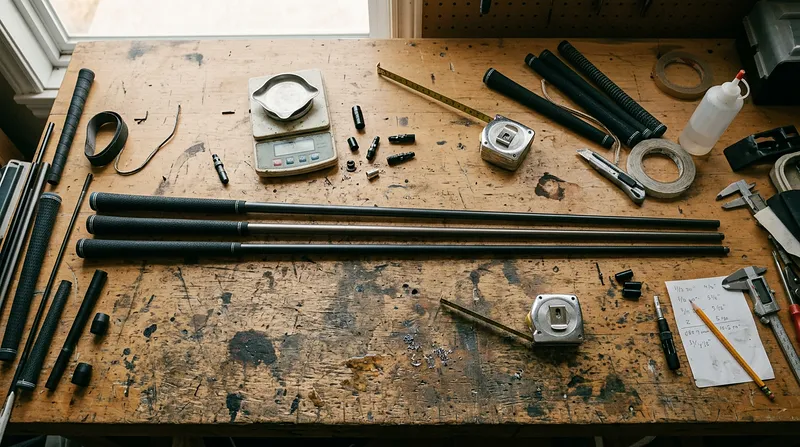 Driver shafts and a scale on a club-fitting workbench