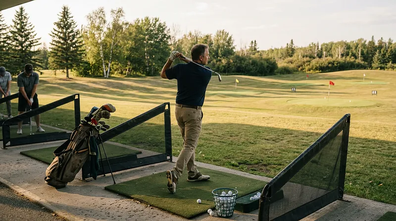 A golfer at a driving range bay with a bucket of balls