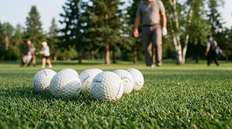 Golf balls of different kinds resting on short grass