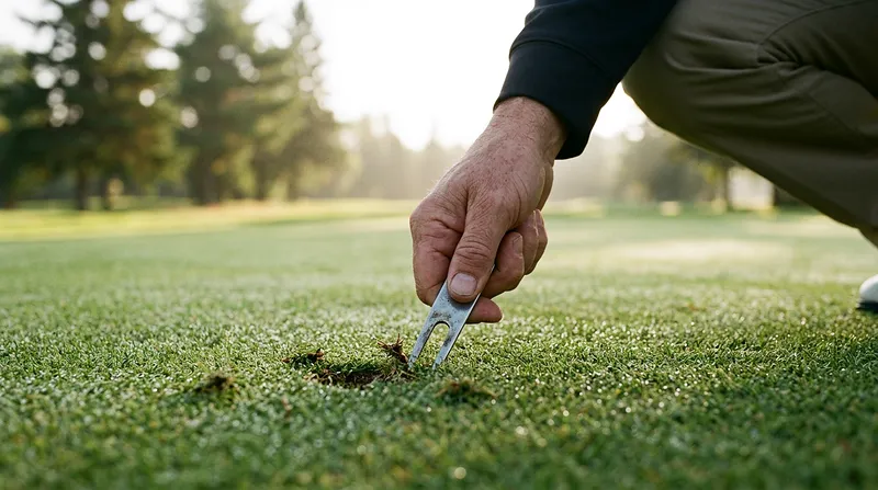 A golfer repairing a ball mark on the green