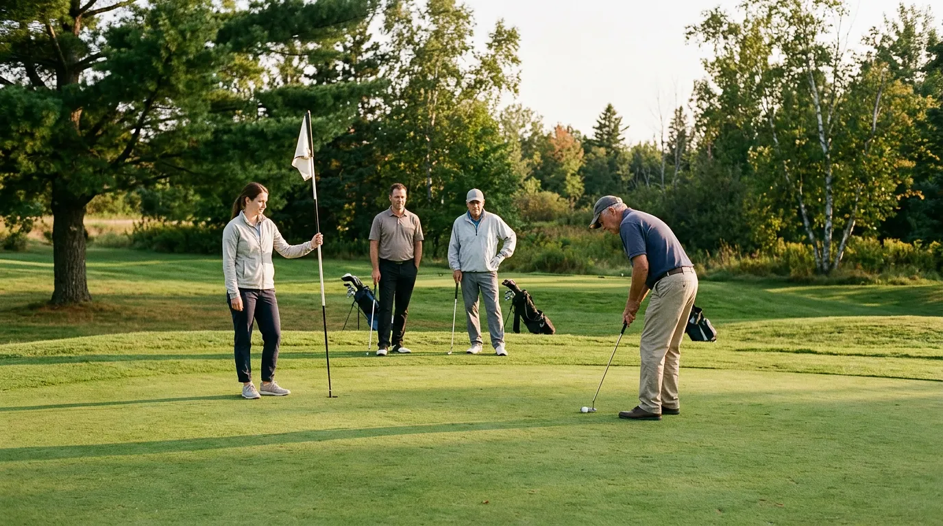 A foursome waiting quietly while one golfer putts