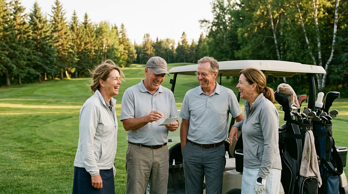 Four friends by a golf cart, one holding the scorecard