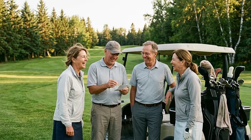 Four friends by a golf cart, one holding the scorecard