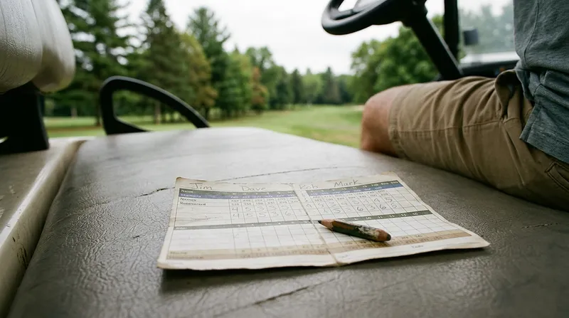 A filled-in scorecard and pencil on a golf cart seat